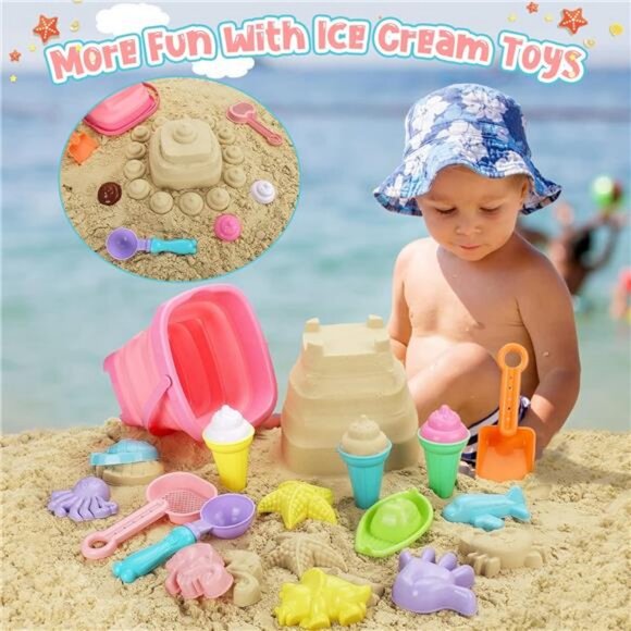 Beach Toys, Ice Cream Sand Toys with Collapsible Bucket and Shovels for Kids - Picture 4 of 7